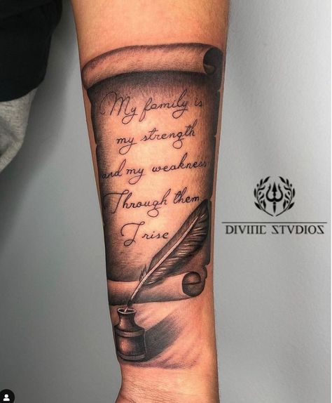 Pictures Of Scroll Tattoo for Your Arm Scroll Tattoo, Scroll Tattoos, Jungle Tattoo, Ancient Scroll, Unusual Tattoo, Knife Tattoo, Inner Forearm, With Tattoo, Memorial Tattoo