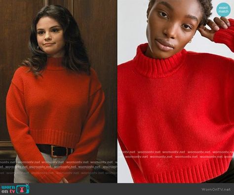 Mabel’s red cropped sweater on Only Murders in the Building. Outfit Details: https://wornontv.net/239412/ #OnlyMurdersintheBuilding Selena Gomez Clothes, Selena Gomez Mabel, Outdoor Wear Women, Mabel Sweater, Only Murders In The Building, Celebrity Closets, Selena Gomez Outfits, Selena Gomez Style, Dark Academia Fashion