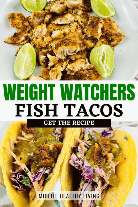 Weight Watchers Fish Tacos are a healthy and tasty dish perfect for any weeknight dinner. This meal combines the flavorful burst of adobo, cumin, and tajin seasoning on white fish filets with red slaw, roasted salsa verde, and fresh lime wedges tucked into corn tortillas. Get the recipe now. Low Cal Fish Tacos, Ww Fish Tacos, Ww Fish Tacos Weight Watcher Recipes, Ww Fish Recipes, Weight Watchers Fish Recipes, Rice For Fish, Red Slaw, Halibut Recipes Healthy, Roasted Salsa Verde