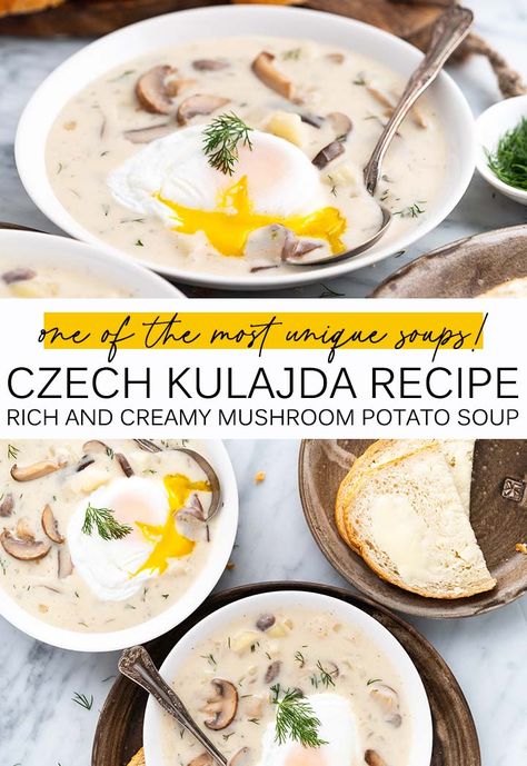 Kulajda is a thick and creamy Czech mushroom soup with potatoes and dill. It has a well-balanced sweet and sour flavor profile similar to Borscht. And it’s quick and easy to make in just 30 minutes! Czech Mushroom Soup, Kulajda Soup, Czech Soup Recipes, Easter Soup Recipes, Czech Soup, Czech Food Recipes, Czech Recipes Traditional, Czech Food, Spanish Soup