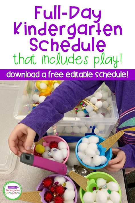 Download a FREE editable template to plan your full-day kindergarten schedule. I am a huge advocate for play in the classroom and you will see how I include playful learning within our curriculum and classroom schedule! Transitional Kindergarten Classroom, Play In The Classroom, Tk Classroom, Kindergarten Schedule, Positive Classroom Management, Classroom Schedule, Preschool Schedule, Circle Time Activities, Transitional Kindergarten