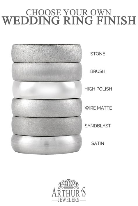 Choose your own wedding ring finishes from stone, brushed, high polish, wire matte, sandblast, satin finish, or distressed. Any men's wedding band can be customized in any metal or finish at Arthur's Jewelers. #mensweddingbands #weddingrings #mensbands #weddings Men’s White Gold Wedding Ring, Brushed White Gold Mens Wedding Band, Mens Wedding Ring Platinum, Silver Vs White Gold, Men Wedding Band Platinum, Platinum Wedding Ring Men, White Gold Wedding Ring Men, Men’s Wedding Band Platinum, Men White Gold Ring