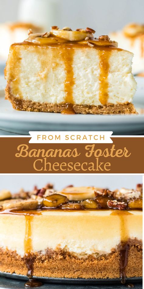 This creamy Bananas Foster Cheesecake is a perfect cheesecake, made from scratch, and topped with a sugary-sweet bananas foster sauce! #bananas #cheesecake #bananasfoster #cheesecakerecipes #christmas #bananarecipes Bananas Cheesecake, Bananas Foster Sauce, Bananas Foster Cake, Banana Foster Recipe, Perfect Cheesecake, Banana Foster, Rum Sauce, Banana Rum, Recipe Cheesecake