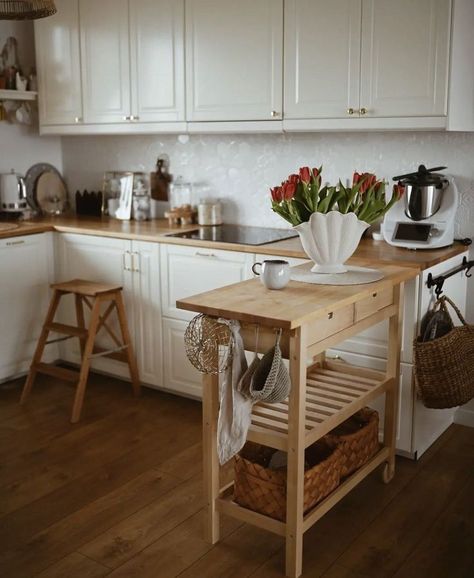 Clean Girl Style, Studio Apartment Kitchen, Kitchen Island Furniture, Kitchen 2023, Ikea Kitchen Island, Aesthetic Coastal, Ikea Kitchen Design, Small Apartment Kitchen, Flat Decor