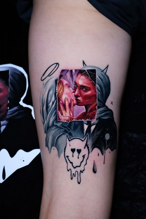 Everything Is Temporary Tattoo, Abstract Horror Tattoo, Horror Tattoo Ideas Dark Art, Colorful Horror Tattoo, Neo Traditional Horror Tattoo, Neotraditional Tattoo Scary, The Lovers Rene Magritte, Horror Realism Tattoo Design, Aaa Tattoo