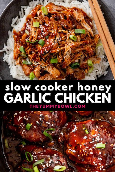 Slow Cooker Honey Garlic Chicken Thighs are tender and juicy in a sweet and sticky sauce. These flavorful chicken thighs with sauce are perfect for serving over fluffy white rice and garnished with chopped green onions and sesame seeds for a midweek dish alongside your favorite sides for a balanced and satisfying family favorite meal. Asian Inspired Chicken, Slow Cooker Chicken Recipe, Slow Cooker Honey Garlic Chicken, Crockpot Recipes Mexican, Garlic Chicken Thighs, Easy Crockpot Recipes Healthy, Chicken Breast Slow Cooker, Honey Garlic Chicken Thighs, Sticky Sauce