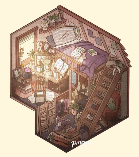 Witchy Bedroom, Images Pop Art, Interior Concept Art, Bedroom Drawing, Bg Design, Cabin Art, Isometric Art, Sims House Design, Fantasy House