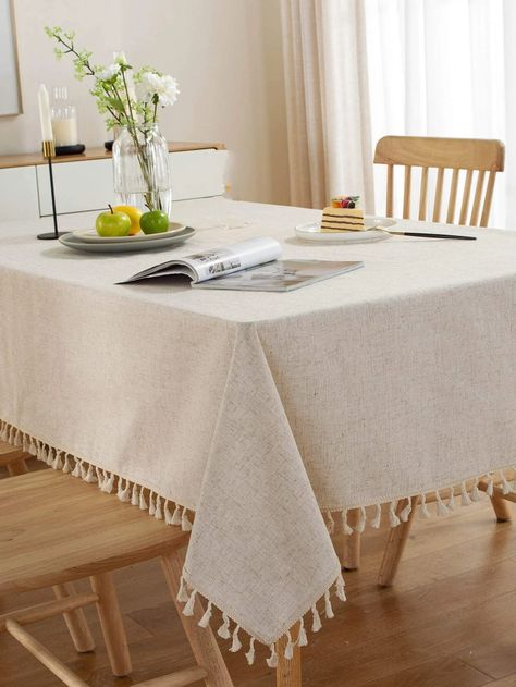 1pc Solid Tassel Decor Tablecloth | SHEIN USA Taplak Meja Crochet, Decoration Buffet, Dining Table Cloth, Banquet Decorations, Tassels Decor, Mesa Exterior, Kitchen Dinning, Tablecloth Fabric, Square Dining Tables