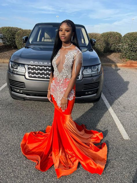 Orange Prom Outfits For Couples, Orange Prom Dress Black Couple, Prom Cars Ideas, Orange Prom Couple, Prom Ideas Black Couples, Prom Couples Black People, Black Couple Prom, Prom Black Couples, Couples Prom Outfits