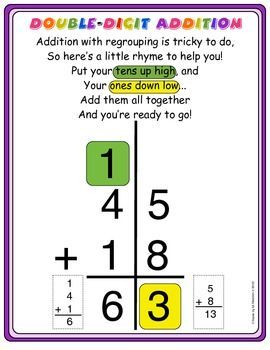 addition anchor charts 2nd grade | Addition with Regrouping {Anchor Chart} There's a fun and catchy rhyme ... Addition With Regrouping Anchor Chart, Regrouping Anchor Chart, Addition With Regrouping, Go Math, Math Anchor Charts, Math Number Sense, Math Intervention, Math Strategies, Second Grade Math