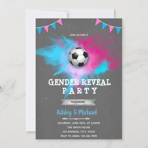 Soccer gender reveal invitation Football Gender Reveal Invitations, Soccer Gender Reveal, Baseball Gender Reveal, Football Gender Reveal, Gender Reveal Unique, Shooting Target, Gender Reveal Party Invitations, Gender Reveal Invitations, Hockey Puck