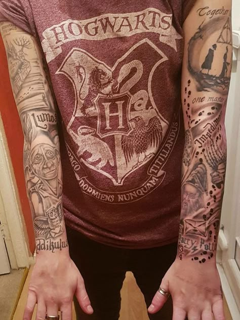 Tattoo Sleeve Harry Potter, Harry Potter Sleave Tattoo, Harry Potter Newspaper Tattoo, Big Harry Potter Tattoo, Harry Potter Tattoos Sleeve Arm, Harry Potter Leg Sleeve, Harry Potter Fine Line Tattoo, Harry Potter Sleeve Tattoo For Women, Harry Potter Sleeve Tattoo