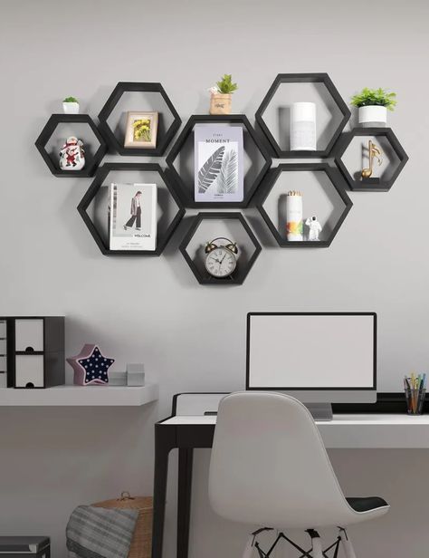 Hexagon Floating Shelves Wall Decor Shelves, Display Wall Shelves, Hexagon Floating Shelves, Floating Wood Shelves, Shelves Decoration, Plants Display, Decor Shelves, Wall Storage Shelves, Wood Hexagon