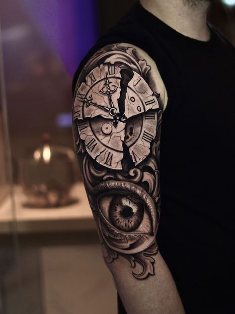 Pisces Tattoo For Men, Clock Face Tattoo, Eye Tattoo On Arm, Uv Ink Tattoos, Clock Tattoo Sleeve, Clock Tattoos, Cool Shoulder Tattoos, Eyes Tattoo, Inner Arm Tattoo