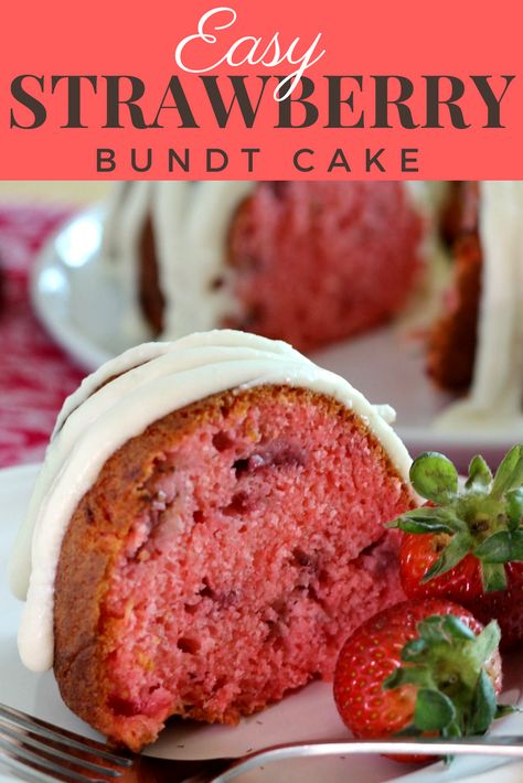 Easy Strawberry Bundt Cake by Renee's Kitchen Adventures - easy strawberry cake recipe that starts with a boxed mix. Made with jello and fresh or frozen strawberries for a moist cake bursting with strawberry flavor! #strawberrycake #strawberrybundtcake #bundtcake #cakemix Bundt Cake Mix Recipes, Easy Strawberry Bundt Cake, Bundt Cake Mix, Strawberry Bundt Cake, Strawberry Cake Easy, Strawberry Cake Mix, Strawberry Cake Recipes, Pound Cake With Strawberries, Strawberry Flavor