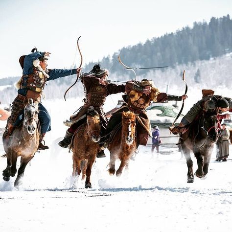 Horseback archery at Golden eagle winter festival, Ulsnbataar Mongolia Mongolian Horse Archer, Mongolian Archery, Horseback Archery, Horse Archer, Horse Archery, Archer Characters, Mounted Archery, Genghis Khan, Winter Festival