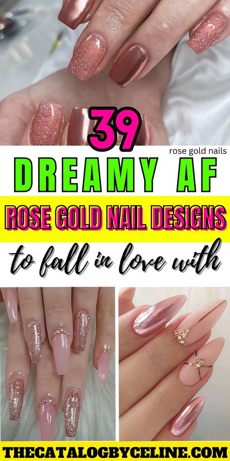 39 Dreamy Rose Gold Nail Designs To Fall in Love With! Rose Gold Nails | Rose Gold Nails 2024 Rose Gold Nail Art Designs, Chrome Pink And White Nails, Rose Gold Nail Designs Classy, Nail Ideas With Gold Flakes, Rose Gold Winter Nails, Gold Nails Design Classy, Blue And Rose Gold Nails, Nail Ideas Rose Gold, Rose Gold Christmas Nails