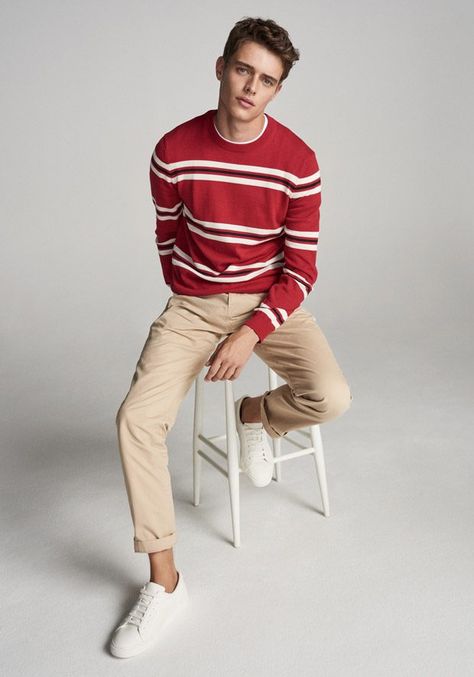 Jordy Baan is the Face of John Lewis Spring Summer 2018 Collection Red White Striped Shirt, Red And White Outfits, Tan Chinos, Shirt Outfit Men, Mens Fashion Rugged, Layering Outfits, Men Style Tips, Golf Fashion, Men Fashion Casual Outfits