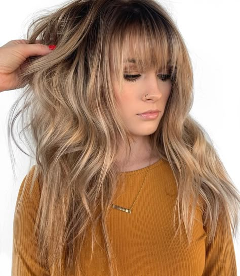 Balancing a blonde means the right placement of highs-and-lows. Long Layers With Bangs, Layered Haircuts With Bangs, Long Face Shapes, Layered Hair With Bangs, Beige Blonde, Long Layered Haircuts, Long Hair With Bangs, Long Blonde, Long Layered Hair