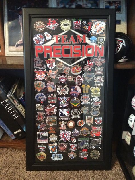 Cooperstown Pin Display Ideas, Baseball Pin Display Ideas, Pin Display Ideas, Baseball Pins, Cooperstown Dreams Park, Baseball Room Decor, Medal Rack, World Series Shirts, Baseball Display