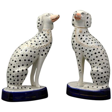 Pair of Antique Staffordshire Figures of Dalmatian Dogs Seated on Blue Bases circa 1855 Period | From a unique collection of antique and modern pottery at http://www.1stdibs.com/furniture/dining-entertaining/pottery/ Inuit Sculpture, Staffordshire Figurines, Ceramic Dogs, Pottery Figures, Staffordshire Pottery, Dog Ceramic, Vintage Animals, Foo Dogs, 1st Dibs