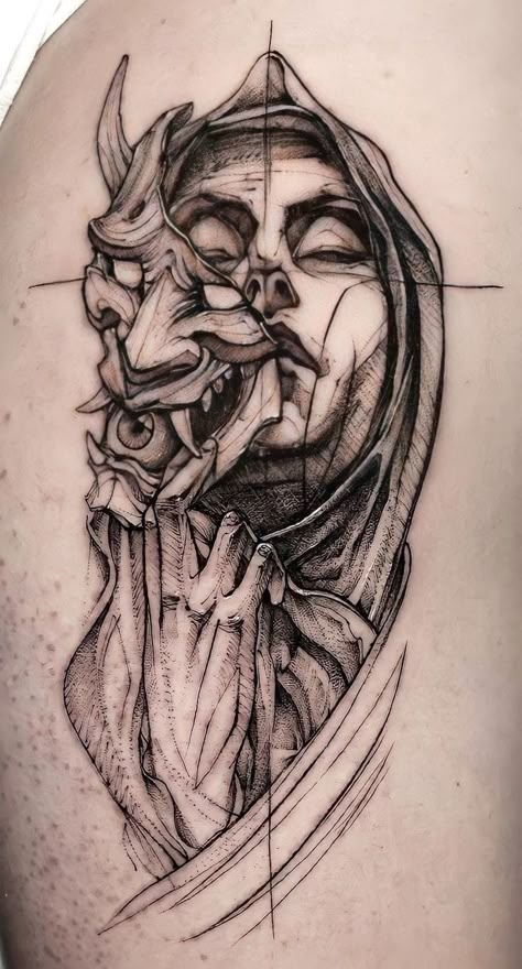 Above Elbow Tattoo, Oni Tattoo, Sketch Style Tattoos, Realistic Tattoo Sleeve, Mommy Tattoos, Men Tattoos Arm Sleeve, Scary Tattoos, 4 Tattoo, Chest Piece Tattoos