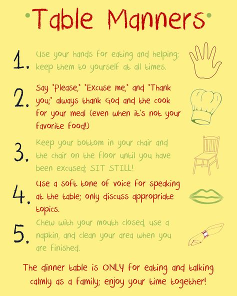 Table Manners Reminders. Sometimes big kids need reminders Kids Table Manners, Manners Preschool, Manners Chart, Manners Activities, Manners For Kids, Table Etiquette, Teaching Manners, Dining Etiquette, Table Manners