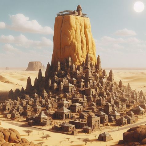 Desert Town Aesthetic, Fantasy Desert Town, Desert City Concept Art, Desert City Fantasy Art, Cliff City, Desert Dnd, Dnd Desert, Desert Tower, Desert Kingdom