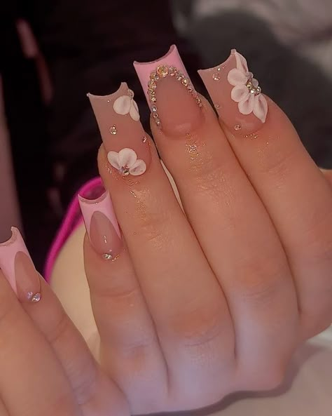 Flower 3d Nails, Nails For Quince, Quince Nails, Quinceanera Nails, Bday Nails, Flower 3d, Cute Simple Nails, Nails Coffin Short, Girly Acrylic