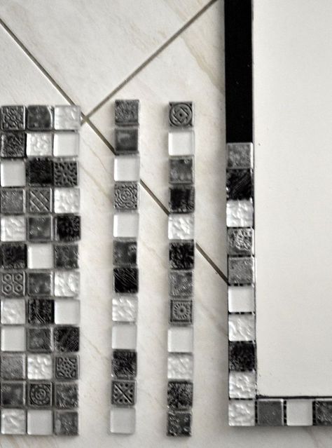 DIY+Easy+Glass+Tile+Mirror+Frame Diy Tile Mirror, Diy Sunburst Mirror, Tile Mirror Frame, Mosaic Mirror Frame, Tile Mirror, Bathroom Mirrors Diy, Mosaic Tile Mirror, Mirror Frame Diy, Bathroom Mirror Frame