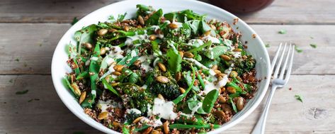 Broccoli and quinoa salad Broccoli Quinoa Salad, Broccoli And Quinoa, Broccoli Quinoa, Tahini Dressing Recipe, Lemon Quinoa, Broccoli Stalk, Preserved Lemon, Salad With Lemon, Lemon Tahini Dressing