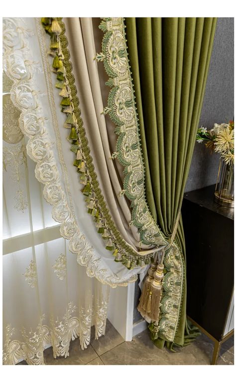 Custom luxury French thick olive green velvet cloth curtain tulle drape C1448 | eBay Olive Green Velvet Curtains, French Drapes, Olive Green Decor, Green Velvet Curtains, Moroccan Curtains, Luxury Curtains Living Room, Luxury Drapery, Curtains Living Room Modern, Olive Green Velvet