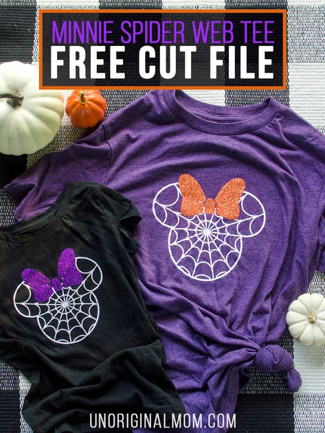 DIY Disney Halloween Shirt - Free Minnie Spider Web Cut File - unOriginal Mom Mickey Halloween Shirt Ideas, Diy Disney Halloween Shirts, Free Svg Files For Cricut Disney, Disney Halloween Shirts Svg, Cricut Disney Shirts, Disney Halloween Svg Free Files, Halloween Svg Free Files, Cricut Disney Shirt Ideas, Disney Cricut Shirts