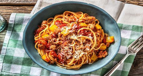 Crunchy Onions, Tuscan Sausage, Sausage And Peppers Pasta, Moo Shu Pork, Linguine Recipes, Mild Italian Sausage, Pepper Pasta, Hello Fresh Recipes, Pork Tacos