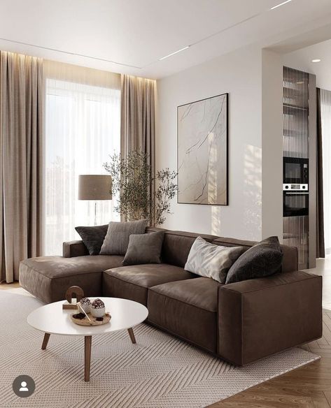 Living Rooms With Rugs, Minimalist Living Room Brown Couch, Brown Grey Living Room, Living Room Dark Couch, Dark Brown Sofa Living Room, Living Room Design Brown, Light Brown Couch, Modern Living Room Brown, Warm Living Room Decor