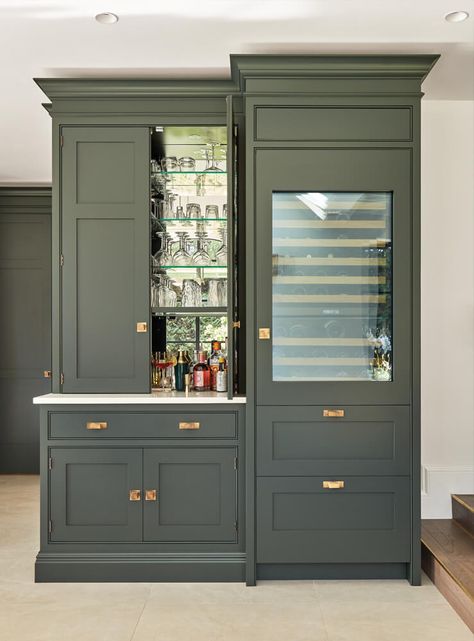 Tom Howley Kitchen Extension Tom Howley Kitchen, Bar Area Design, Tom Howley Kitchens, Tom Howley, Small Bars For Home, Dark Green Kitchen, Home Bar Areas, Home Bar Cabinet, Open Plan Kitchen Diner