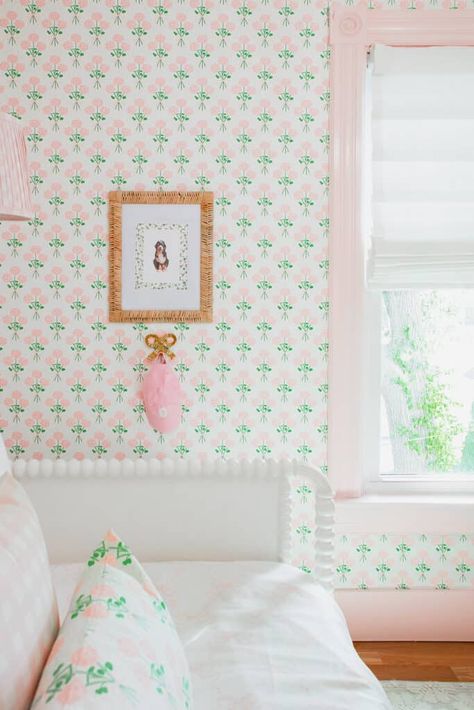 Pink Toddler Bedroom, Pink Toddler Rooms, Pink Nursery Wallpaper, Girls Bedroom Green, Green Girls Rooms, Pink Baby Nursery, Pink And Green Nursery, Girl Nursery Pink, Pink Girl Room