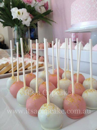 Pink, White & Gold Cake Pops - It's a Cupcake! Pink White Gold Cake, Gold Cake Pops, Gold Baby Shower Cake, Ideas For Cupcakes, 19th Bday, Pumpkin Cake Pops, Pink Pumpkin Baby Shower, Cupcake Decorating Party, Cupcakes Pink