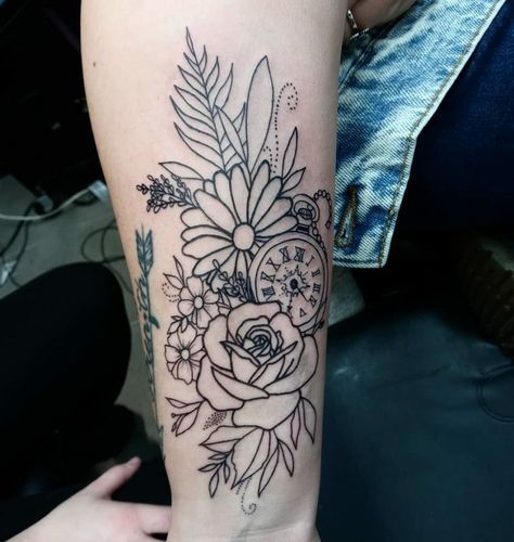 Floral Clock Tattoo Clock Flowers Tattoo, Flower Clock Tattoo, Everlasting Tattoo, Clock And Rose Tattoo, Tattoo Making, Clock Tattoos, Floral Clock, Flower Clock, Clock Tattoo