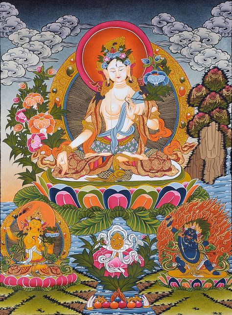 Goddess Tara, Buddhist Goddess, Buddhist Mantra, Buddhist Art Drawing, Buddhist Shrine, White Tara, Ancient Paintings, Thangka Painting, Divine Mother