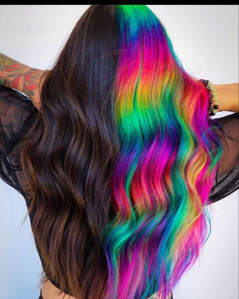 Rainbow Split Dye, Weird Haircuts, Exotic Hair Color, Split Dye, Hair Colour Design, Purple Ombre Hair, Split Dyed Hair, Hair Color Underneath, Rainbow Hair Color