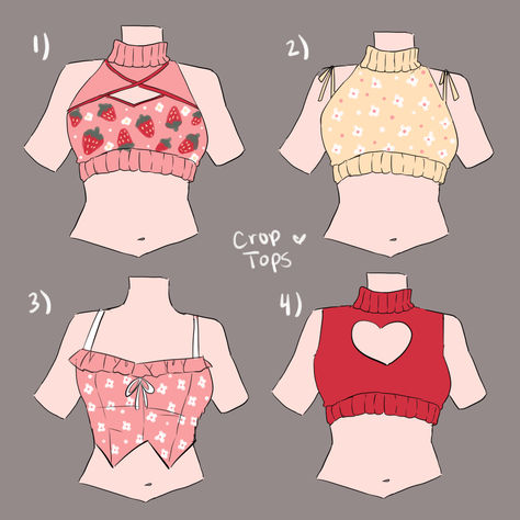 Pastel Crop Top Designs Cute Tops Drawing, Cool Clothes Drawing, Dress Outfits Drawing, Character Outfits Ideas, Unique Drawing Styles, Character Clothing Ideas, Cute Outfit Ideas Drawing, Anime Crop Top, Outfits Crop Top