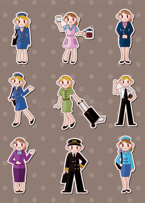 Flight Attendant Illustration, Flight Attendant Cartoon, Flight Attendant Sticker, Pilot Stickers, Stickers Cartoon, Woman Illustration, Cabin Crew, Flight Attendant, Aesthetic Stickers