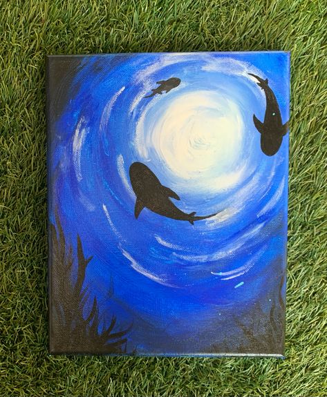 Easy Painting Ideas On Canvas Blue, Paintings With Blue Backgrounds, Painting Ideas Blue Background, Shark Acrylic Painting, Ocean Ceiling, Blue Painting Canvas, Easy Hand Drawings, Aquatic Art, Shark Painting