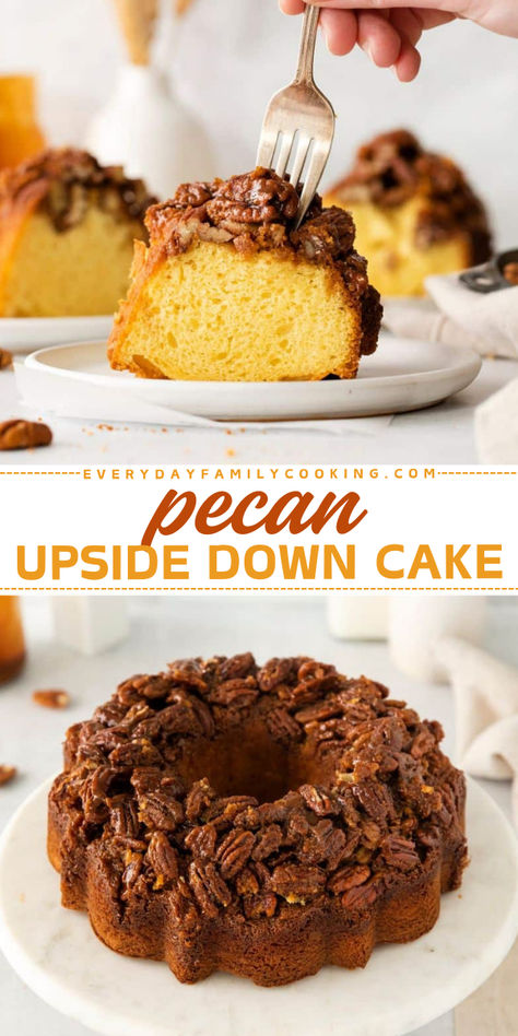 This easy pecan upside down cake is a must-have in your Thanksgiving dessert ideas! It's the best upside down cake that looks fancy as can be, but it’s actually oh so easy to make! Made with pecans, sweet caramel, and fluffy cake. Yum! Caramel Pecan Upside Down Cake, Pecan Upside Down Cake, Thanksgiving Dessert Ideas, Easy Thanksgiving Dessert Recipes, Best Thanksgiving Appetizers, Desserts With Few Ingredients, Different Types Of Cakes, Fluffy Cake, Holiday Desserts Table