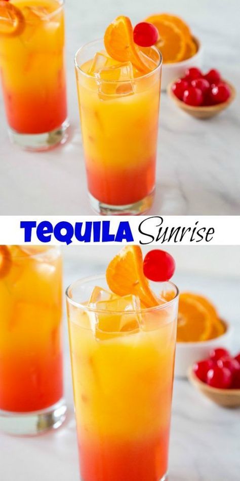 Tequila Sunrise Recipe - A cool and refreshing cocktail with orange juice, grenadine and tequila.  Perfect for all of your get togethers! Tequila Don Julio 70, Mom Drinks, Spiked Drinks, Tequila Sunrise Recipe, Boozy Recipes, Tequila Rose, Alcohol Spirits, Cocktail Fruit, Alcohol Beverages