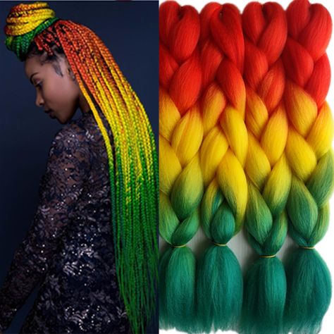 Pervado Hair 1pc 24" 100g/pc Ombre Jumbo Braids Crochet Hair Synthetic Braiding Hair Extension Yaki Bulk Red Green Rasta Color - Synthetic Braiding Hair(for Black) - AliExpress Box Dreads, Rasta Hair, Braiding Hair Colors, Yellow Hair Color, Jumbo Braiding Hair, Yaki Hair, Ombre Hair Extensions, Jumbo Braids, Braid In Hair Extensions