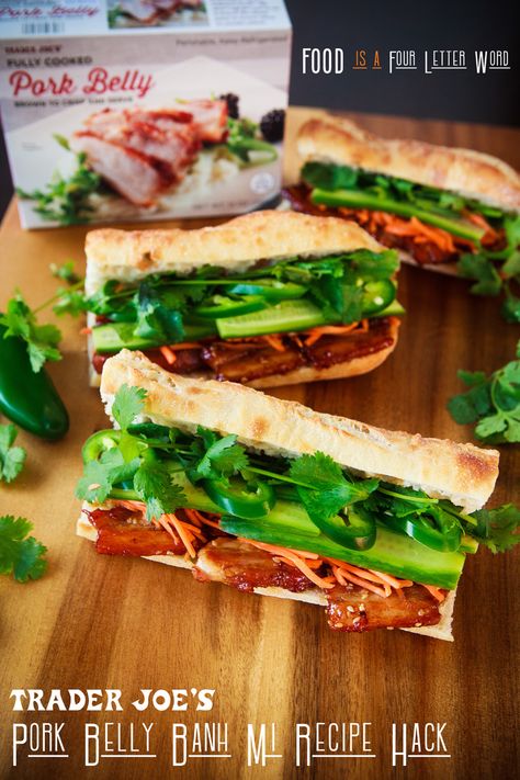 Trader Joe’s Pork Belly Banh Mi Recipe Hack – FOOD is Four Letter Word Pork Belly Bon Mi, Pork Belly Trader Joes, Trader Joe’s Taco Recipe, Trader Joes Pork Belly Recipe, Trader Joe’s Pork Belly, Trader Joe’s Sandwich Recipes, Trader Joes Dinner Ideas Families, Trader Joe’s Pork Belly Recipes, Trader Joe’s Sandwich