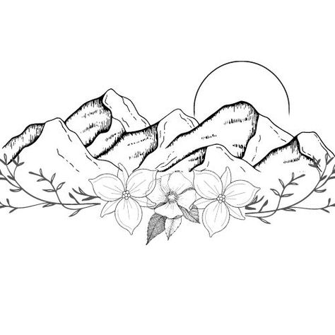 Mountain Tattoo With Flowers, Tattoo Touch Up, Alaska Tattoo, Moutain Tattoos, Montana Tattoo, Tattoo With Flowers, Mountain Tattoo Design, Flores Tattoo, Flower Tattoo Back