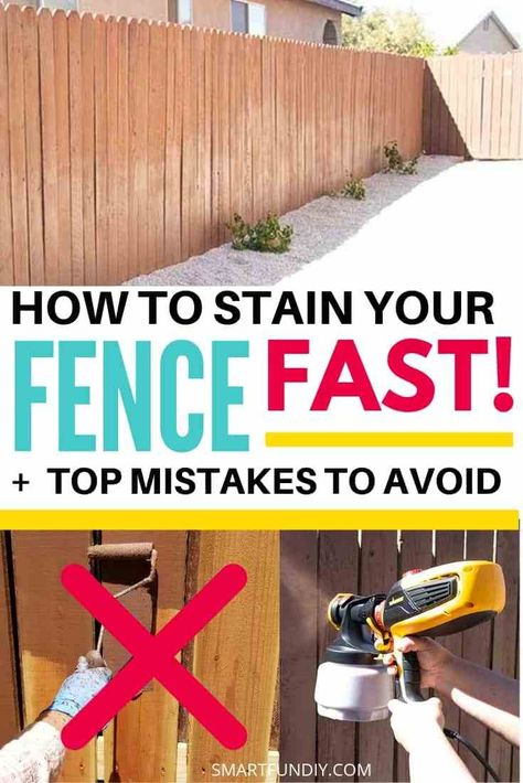 How to Stain a Fence Fast, even if it needs to be Refinished Paint Wood Fence Ideas, Deck And Fence Stain Ideas, Stained Fence Ideas, Wood Fence Decorations, Painting Fences Ideas Backyards, Wood Fence Decor, Fence Stain Colors Ideas, Fence Stain Ideas, Painted Fences Ideas Backyards